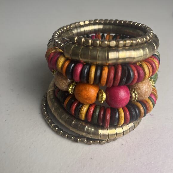 Vintage Wooden Wood Bead Coil Wrap Bracelet Brass Tone Stacking Beaded Bangle - Picture 10 of 13